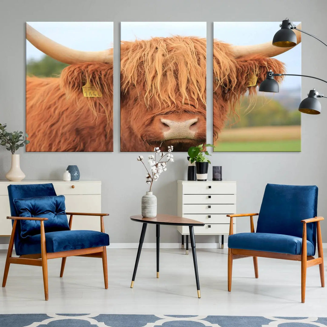 A multi-panel canvas set artwork features a close-up of a Highland cow with long horns and shaggy fur, displayed gallery-wrapped on museum-quality canvas with UV-protective coating. It hangs elegantly on a dark wall.