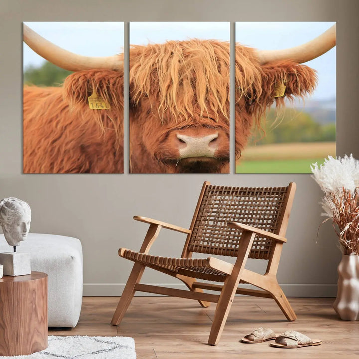 A multi-panel canvas set artwork features a close-up of a Highland cow with long horns and shaggy fur, displayed gallery-wrapped on museum-quality canvas with UV-protective coating. It hangs elegantly on a dark wall.