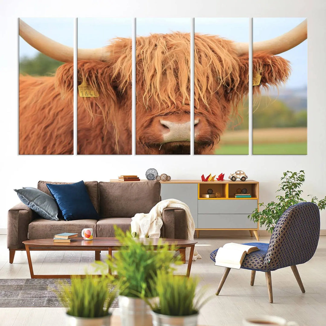 A multi-panel canvas set artwork features a close-up of a Highland cow with long horns and shaggy fur, displayed gallery-wrapped on museum-quality canvas with UV-protective coating. It hangs elegantly on a dark wall.