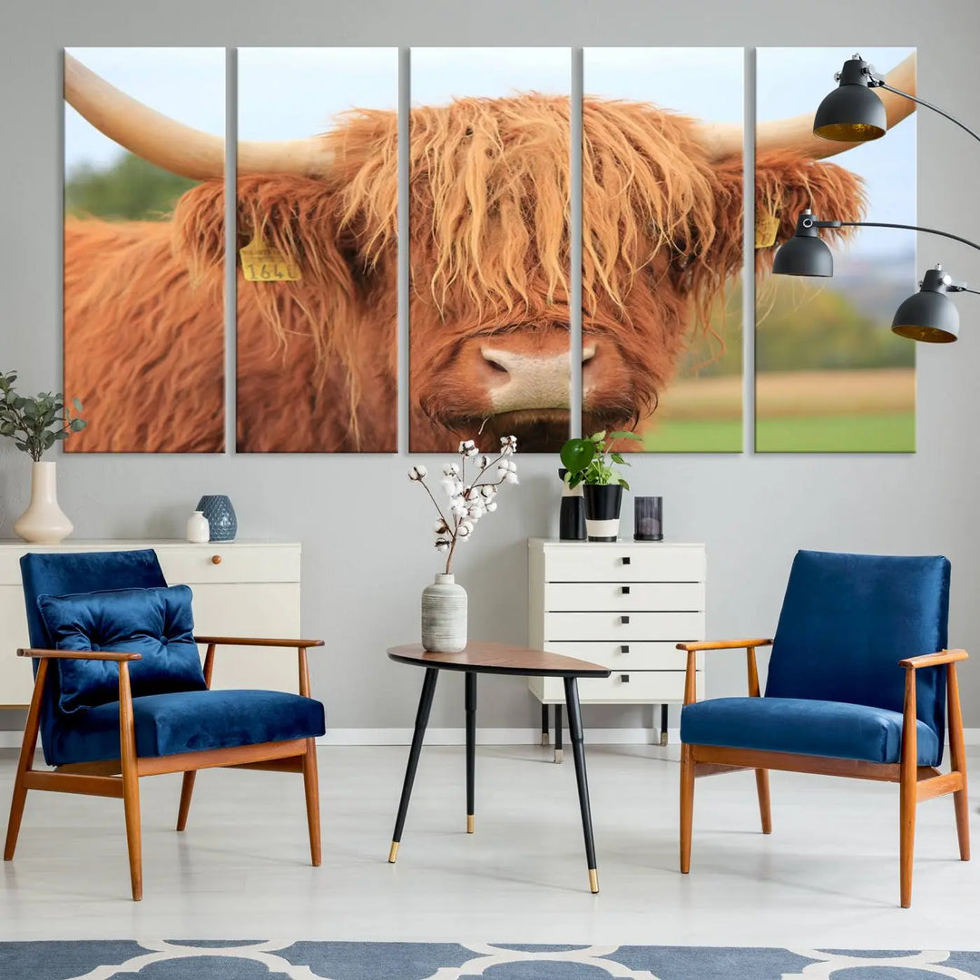 A multi-panel canvas set artwork features a close-up of a Highland cow with long horns and shaggy fur, displayed gallery-wrapped on museum-quality canvas with UV-protective coating. It hangs elegantly on a dark wall.