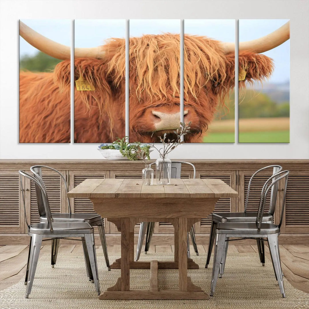 A multi-panel canvas set artwork features a close-up of a Highland cow with long horns and shaggy fur, displayed gallery-wrapped on museum-quality canvas with UV-protective coating. It hangs elegantly on a dark wall.