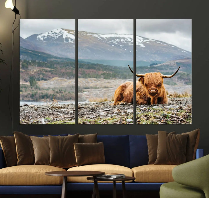 The Highland Cow Horn Farm Wall Art Canvas Print showcases a serene scene of a highland cow resting with snow-capped mountains in the background. This three-panel, museum-quality canvas features a UV-protective coating and is ready to hang.