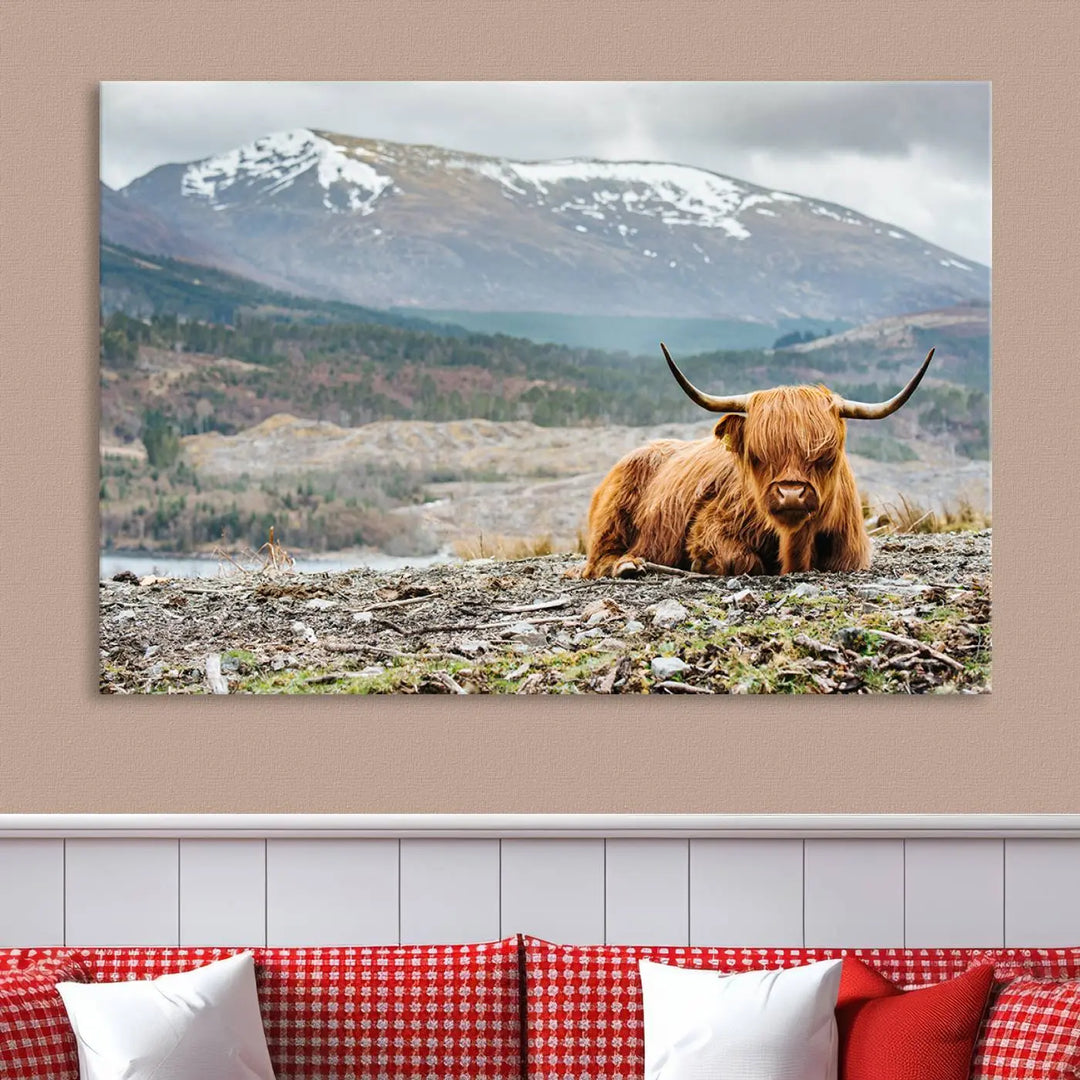 The Highland Cow Horn Farm Wall Art Canvas Print showcases a serene scene of a highland cow resting with snow-capped mountains in the background. This three-panel, museum-quality canvas features a UV-protective coating and is ready to hang.