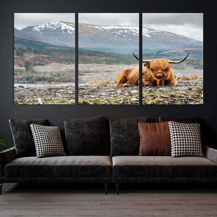 The Highland Cow Horn Farm Wall Art Canvas Print showcases a serene scene of a highland cow resting with snow-capped mountains in the background. This three-panel, museum-quality canvas features a UV-protective coating and is ready to hang.