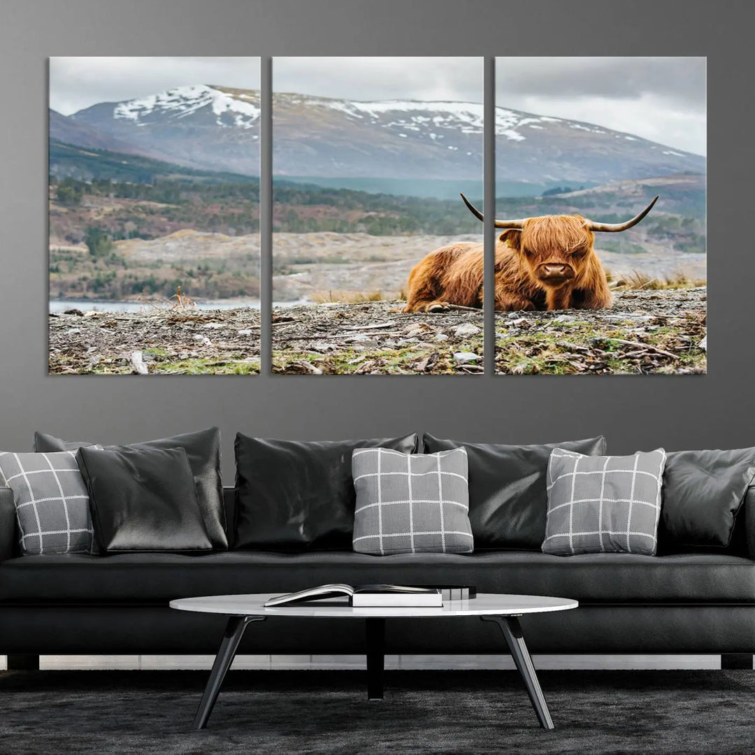 The Highland Cow Horn Farm Wall Art Canvas Print showcases a serene scene of a highland cow resting with snow-capped mountains in the background. This three-panel, museum-quality canvas features a UV-protective coating and is ready to hang.