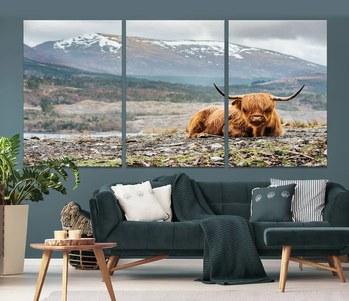 The Highland Cow Horn Farm Wall Art Canvas Print showcases a serene scene of a highland cow resting with snow-capped mountains in the background. This three-panel, museum-quality canvas features a UV-protective coating and is ready to hang.