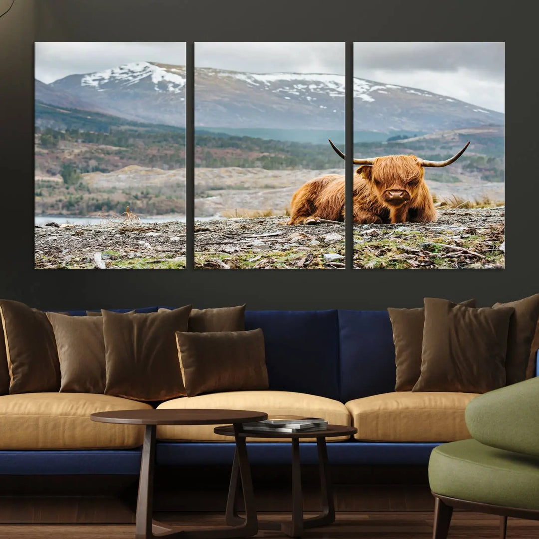 The Highland Cow Horn Farm Wall Art Canvas Print showcases a serene scene of a highland cow resting with snow-capped mountains in the background. This three-panel, museum-quality canvas features a UV-protective coating and is ready to hang.