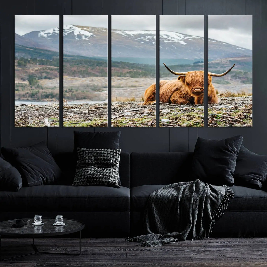 The Highland Cow Horn Farm Wall Art Canvas Print showcases a serene scene of a highland cow resting with snow-capped mountains in the background. This three-panel, museum-quality canvas features a UV-protective coating and is ready to hang.