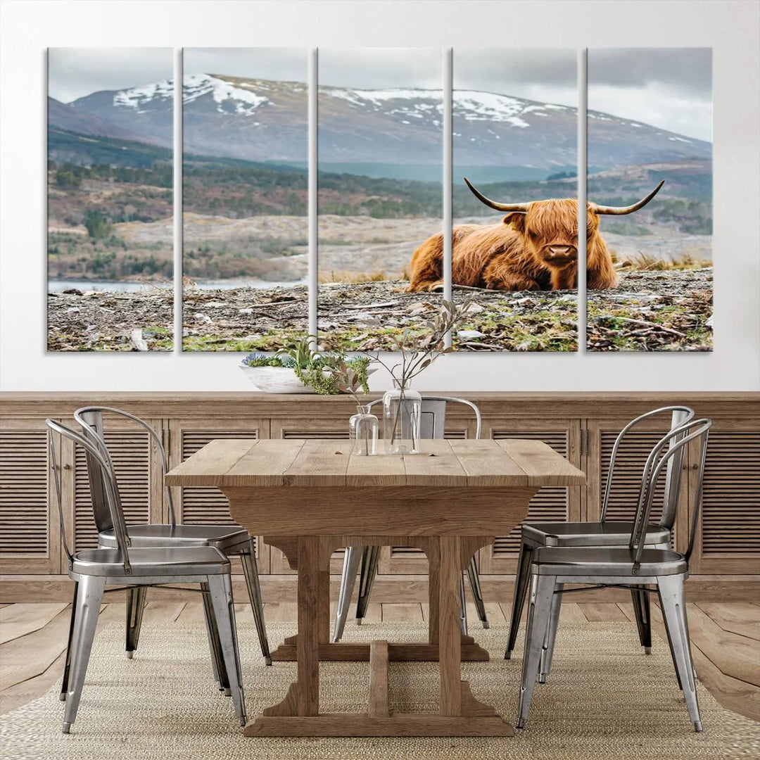 The Highland Cow Horn Farm Wall Art Canvas Print showcases a serene scene of a highland cow resting with snow-capped mountains in the background. This three-panel, museum-quality canvas features a UV-protective coating and is ready to hang.