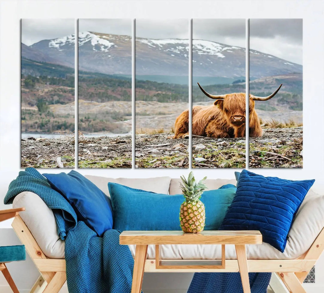 The Highland Cow Horn Farm Wall Art Canvas Print showcases a serene scene of a highland cow resting with snow-capped mountains in the background. This three-panel, museum-quality canvas features a UV-protective coating and is ready to hang.