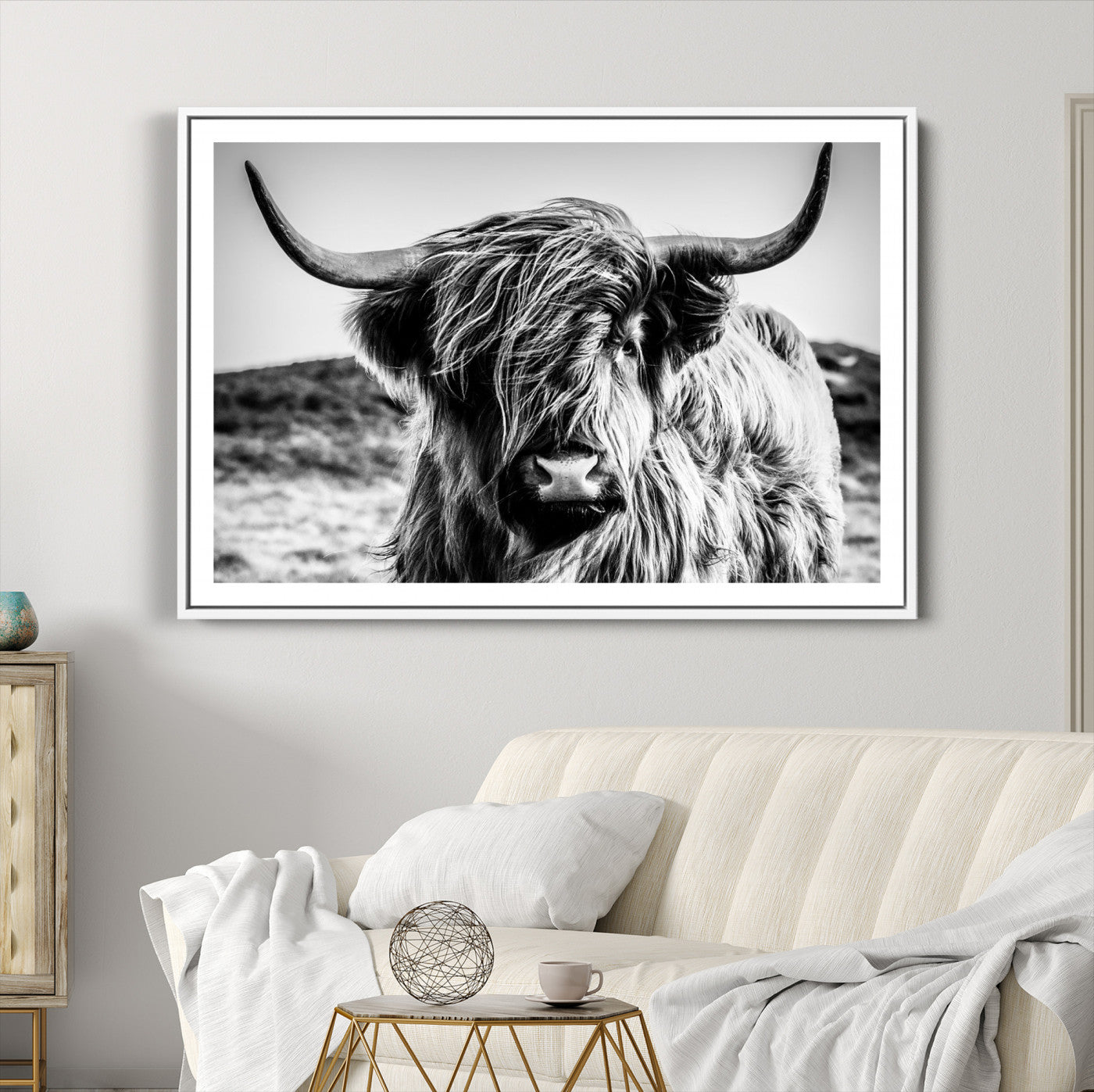 36979-MGC-FP-36x24_White-Highland Cow Wall Art – Black and White Framed Farmhouse Animal Canvas Print, Rustic Western Decor for Living Room or Office