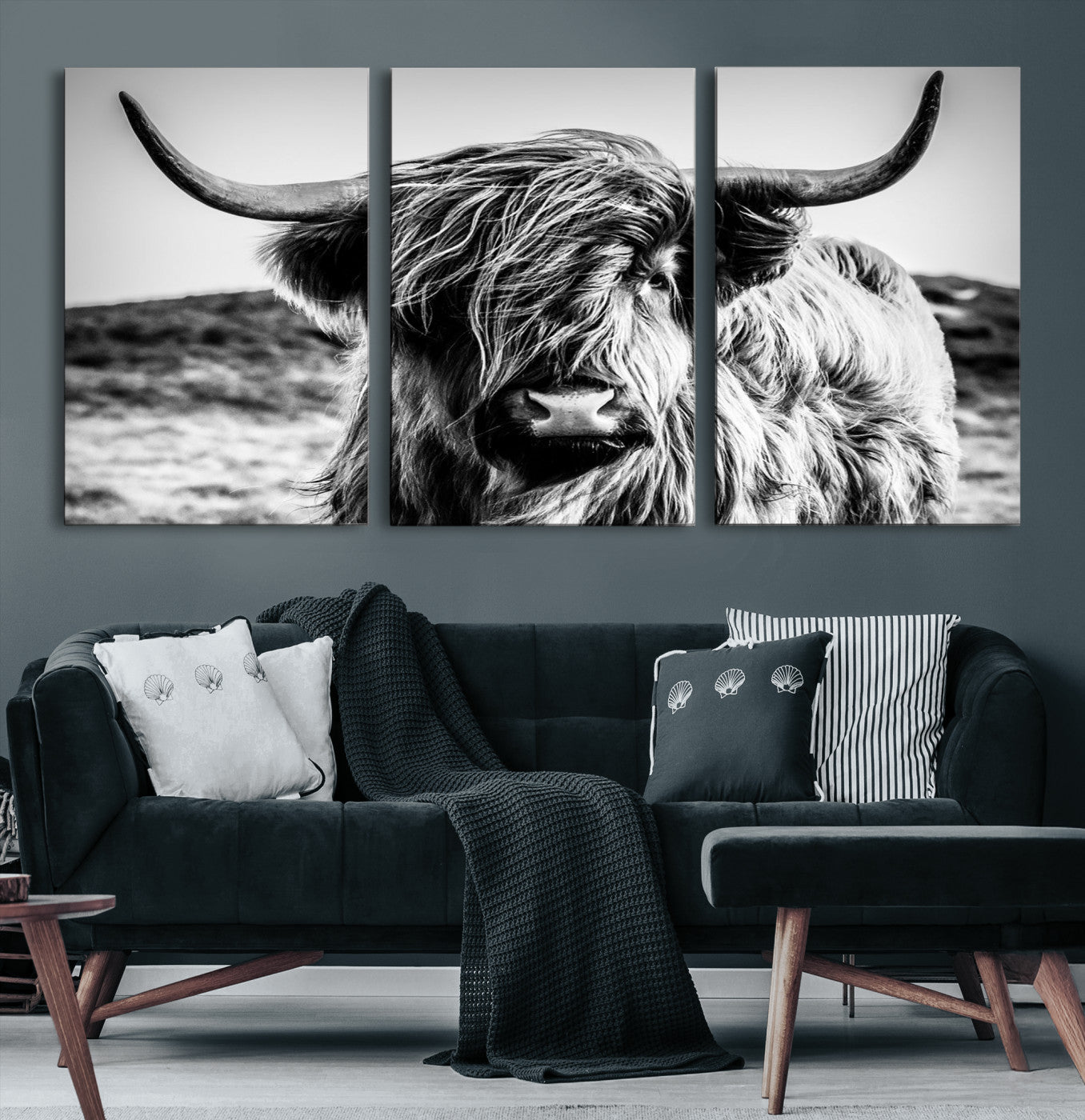 36979-MGV-CV-36X24-Highland Cow Wall Art – Black and White Framed Farmhouse Animal Canvas Print, Rustic Western Decor for Living Room or Office