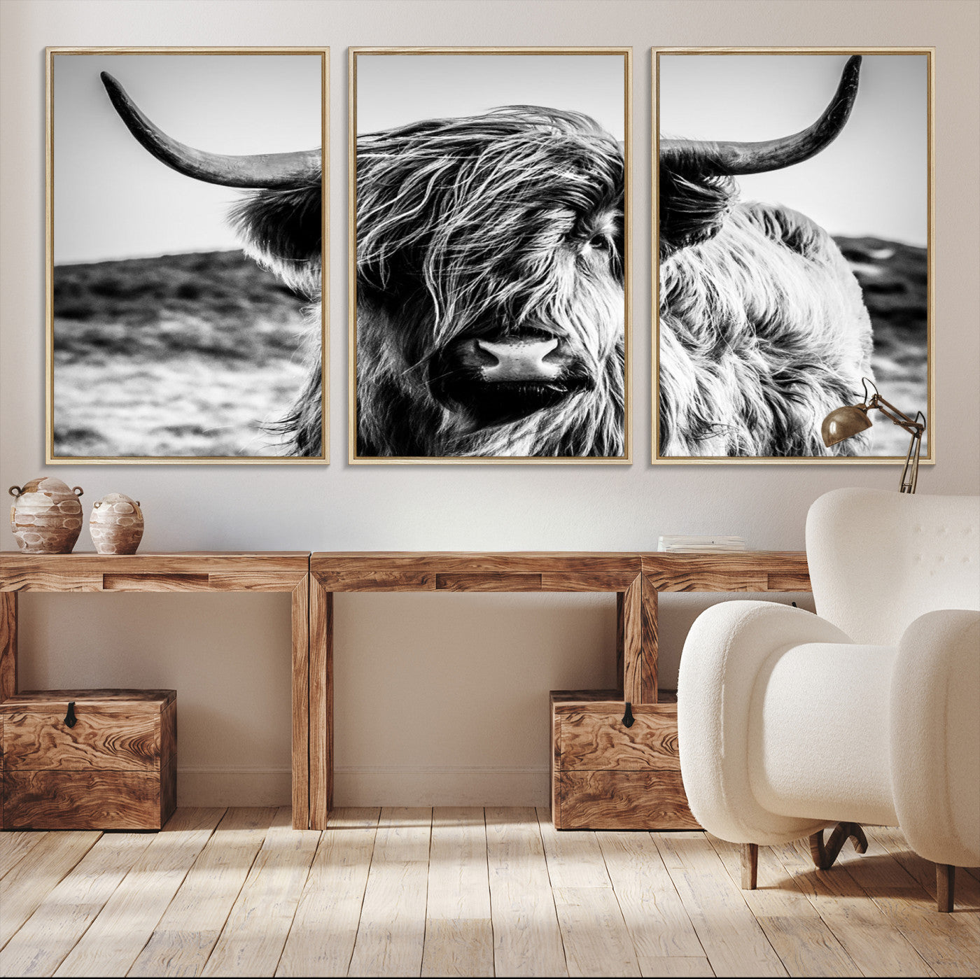 36979-MGV-CV-36X24-Highland Cow Wall Art – Black and White Framed Farmhouse Animal Canvas Print, Rustic Western Decor for Living Room or Office