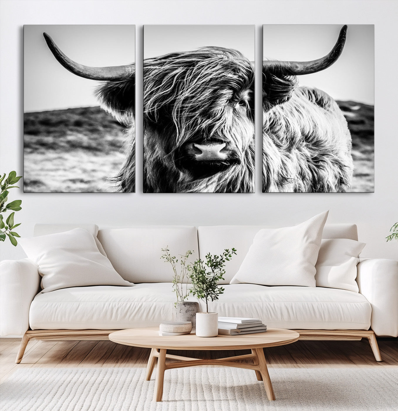 36979-MGV-CV-60X30-3P-Highland Cow Wall Art – Black and White Framed Farmhouse Animal Canvas Print, Rustic Western Decor for Living Room or Office