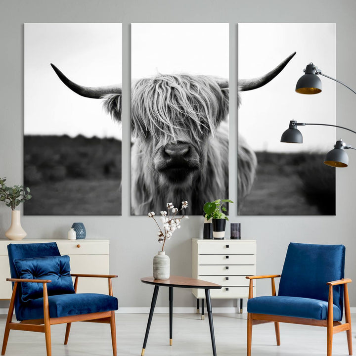 Highland Cow Wall Art | Black and White Farmhouse Decor | Triptych Canvas Print | Rustic Barn Decor | Scottish Highland Cattle Art Print