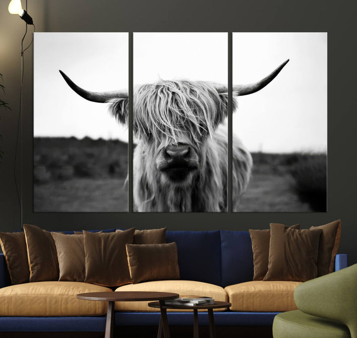 Highland Cow Wall Art | Black and White Farmhouse Decor | Triptych Canvas Print | Rustic Barn Decor | Scottish Highland Cattle Art Print