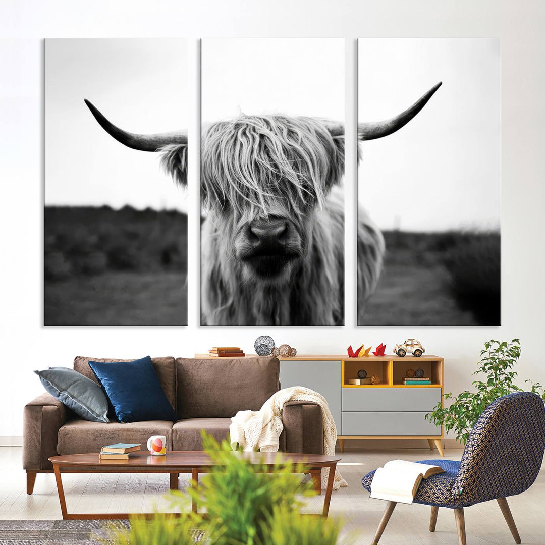 Highland Cow Wall Art | Black and White Farmhouse Decor | Triptych Canvas Print | Rustic Barn Decor | Scottish Highland Cattle Art Print