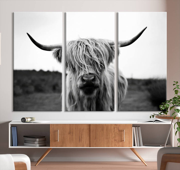 Highland Cow Wall Art | Black and White Farmhouse Decor | Triptych Canvas Print | Rustic Barn Decor | Scottish Highland Cattle Art Print