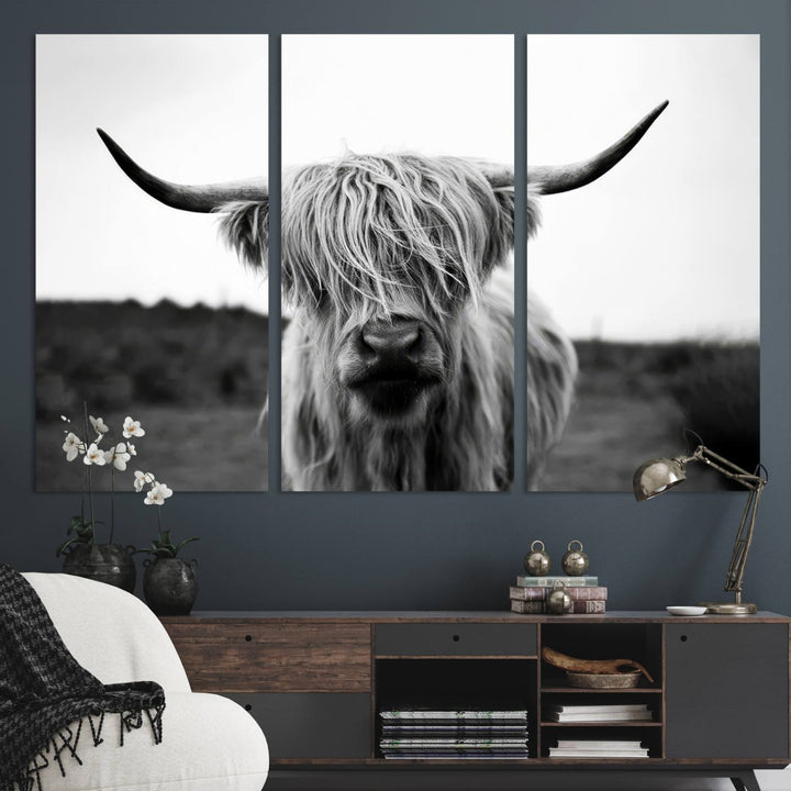 Highland Cow Wall Art | Black and White Farmhouse Decor | Triptych Canvas Print | Rustic Barn Decor | Scottish Highland Cattle Art Print