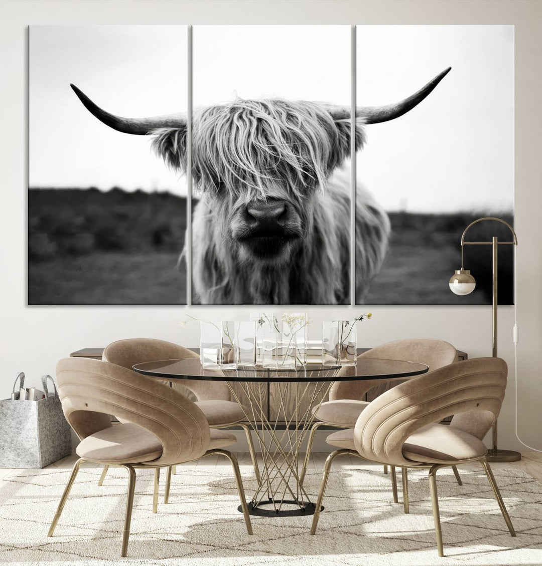 Highland Cow Wall Art | Black and White Farmhouse Decor | Triptych Canvas Print | Rustic Barn Decor | Scottish Highland Cattle Art Print