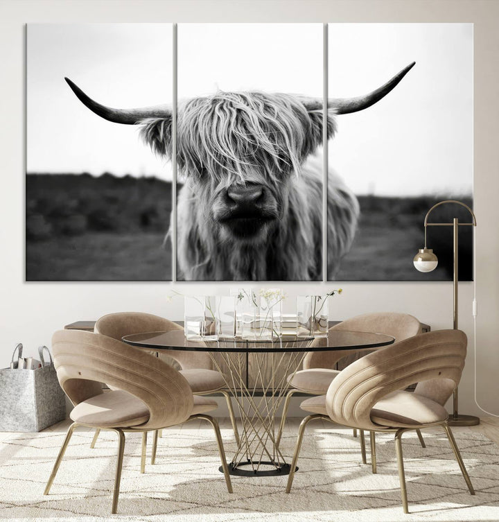 Highland Cow Wall Art | Black and White Farmhouse Decor | Triptych Canvas Print | Rustic Barn Decor | Scottish Highland Cattle Art Print