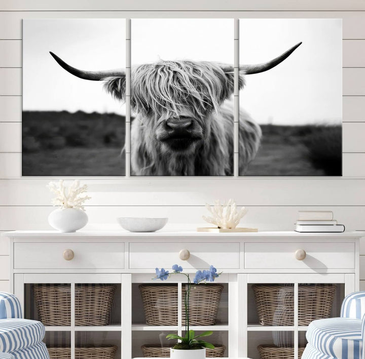 Highland Cow Wall Art | Black and White Farmhouse Decor | Triptych Canvas Print | Rustic Barn Decor | Scottish Highland Cattle Art Print