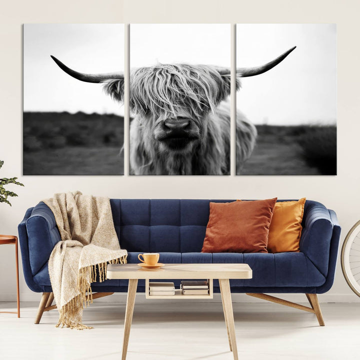 Highland Cow Wall Art | Black and White Farmhouse Decor | Triptych Canvas Print | Rustic Barn Decor | Scottish Highland Cattle Art Print