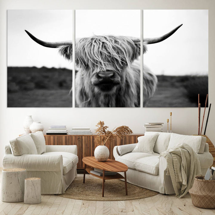 Highland Cow Wall Art | Black and White Farmhouse Decor | Triptych Canvas Print | Rustic Barn Decor | Scottish Highland Cattle Art Print