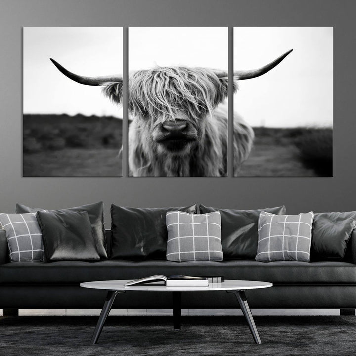44157-MGV-CV-36X24-Highland Cow Wall Art | Black and White Farmhouse Decor | Triptych Canvas Print | Rustic Barn Decor | Scottish Highland Cattle Art Print