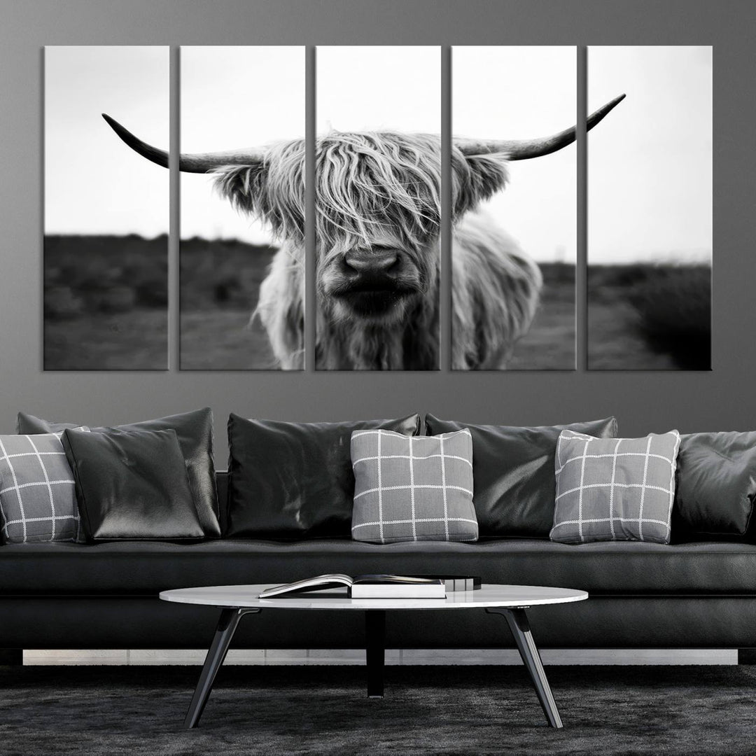 44157-MGV-CV-36X24-Highland Cow Wall Art | Black and White Farmhouse Decor | Triptych Canvas Print | Rustic Barn Decor | Scottish Highland Cattle Art Print