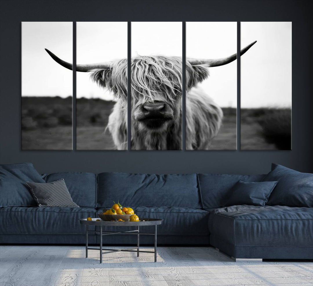 44157-MGV-CV-36X24-Highland Cow Wall Art | Black and White Farmhouse Decor | Triptych Canvas Print | Rustic Barn Decor | Scottish Highland Cattle Art Print