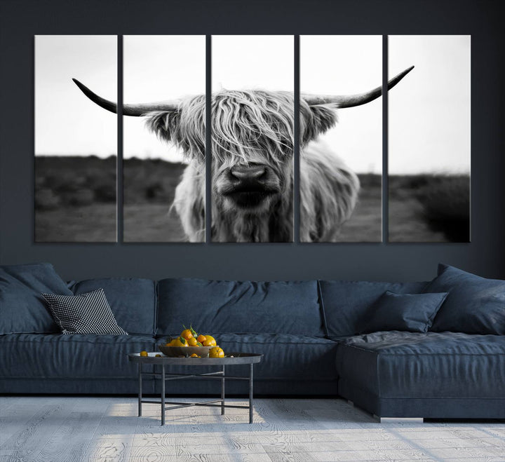 44157-MGV-CV-36X24-Highland Cow Wall Art | Black and White Farmhouse Decor | Triptych Canvas Print | Rustic Barn Decor | Scottish Highland Cattle Art Print