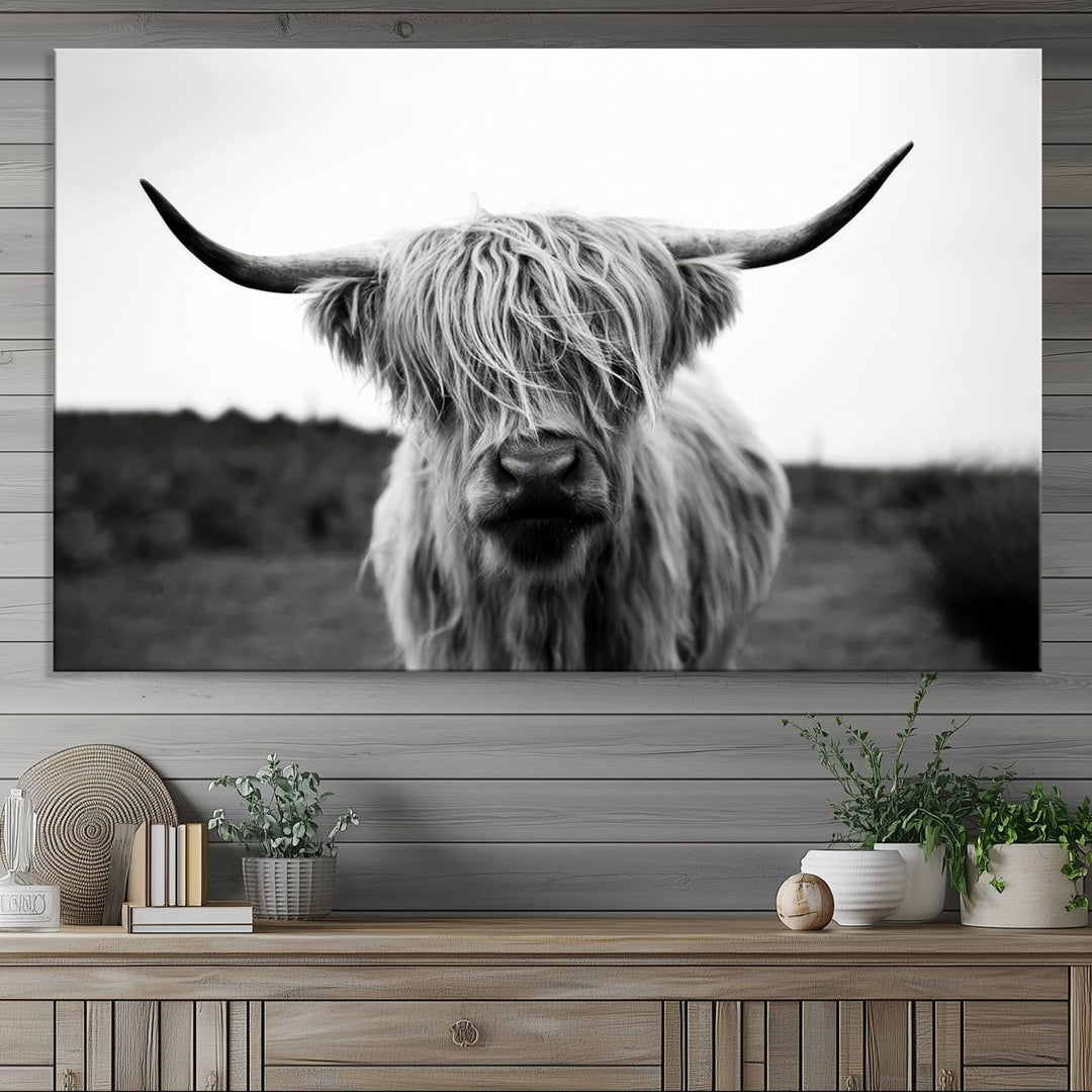 Highland Cow Wall Art | Black and White Farmhouse Decor | Triptych Canvas Print | Rustic Barn Decor | Scottish Highland Cattle Art Print