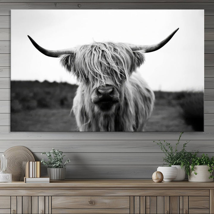 Highland Cow Wall Art | Black and White Farmhouse Decor | Triptych Canvas Print | Rustic Barn Decor | Scottish Highland Cattle Art Print