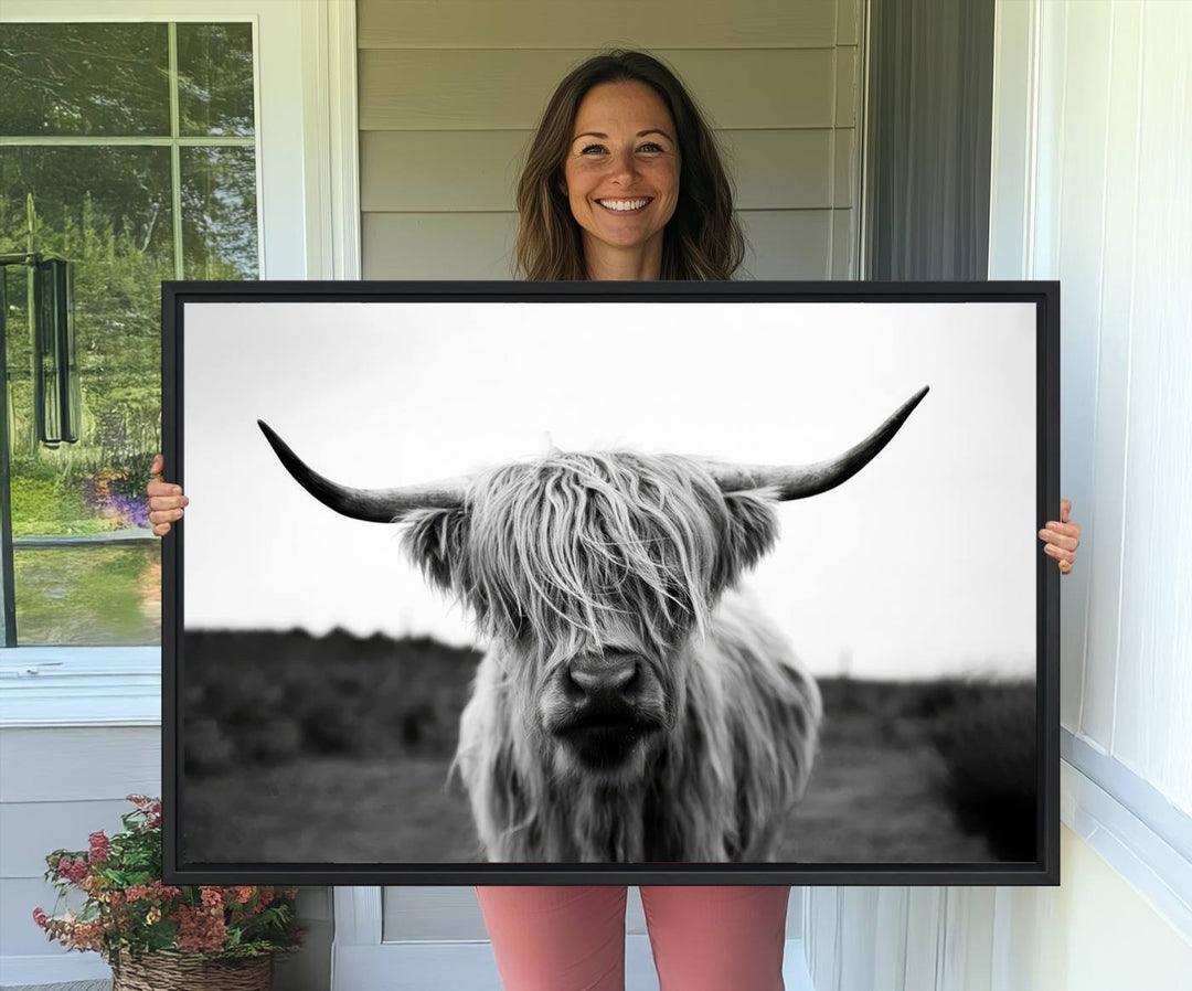 44157-MGV-CV-36X24-Highland Cow Wall Art | Black and White Farmhouse Decor | Triptych Canvas Print | Rustic Barn Decor | Scottish Highland Cattle Art Print