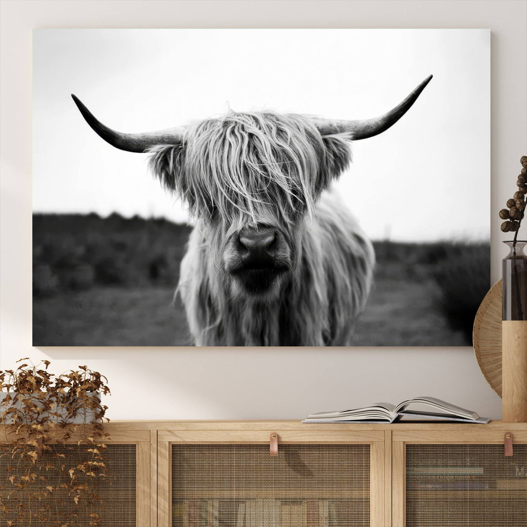Highland Cow Wall Art | Black and White Farmhouse Decor | Triptych Canvas Print | Rustic Barn Decor | Scottish Highland Cattle Art Print
