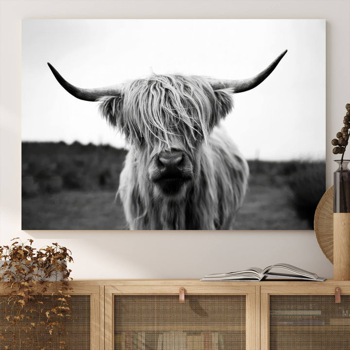 Highland Cow Wall Art | Black and White Farmhouse Decor | Triptych Canvas Print | Rustic Barn Decor | Scottish Highland Cattle Art Print