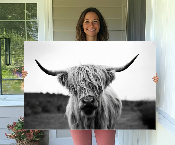 Highland Cow Wall Art | Black and White Farmhouse Decor | Triptych Canvas Print | Rustic Barn Decor | Scottish Highland Cattle Art Print