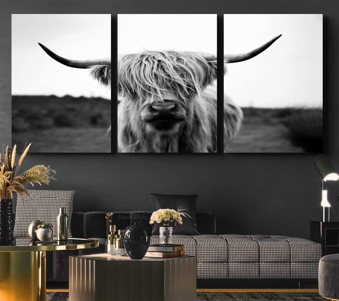 Highland Cow Wall Art | Black and White Farmhouse Decor | Triptych Canvas Print | Rustic Barn Decor | Scottish Highland Cattle Art Print