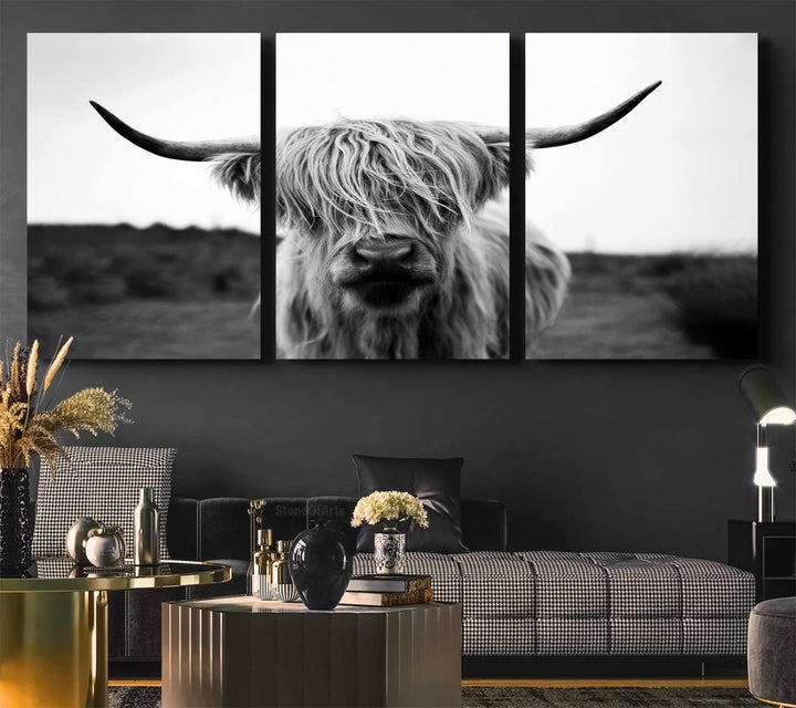 Highland Cow Wall Art | Black and White Farmhouse Decor | Triptych Canvas Print | Rustic Barn Decor | Scottish Highland Cattle Art Print