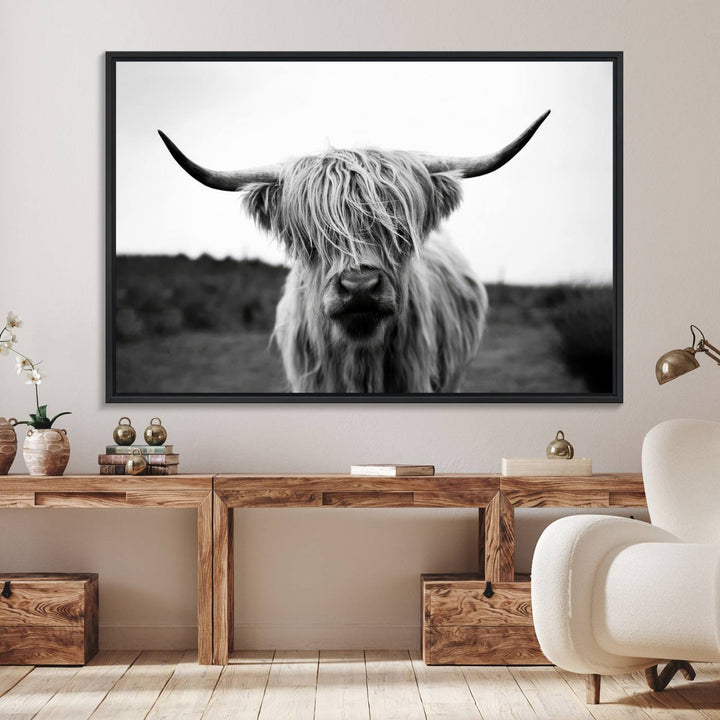 44157-MGV-FC-36X24_Black-Highland Cow Wall Art | Black and White Farmhouse Decor | Triptych Canvas Print | Rustic Barn Decor | Scottish Highland Cattle Art Print