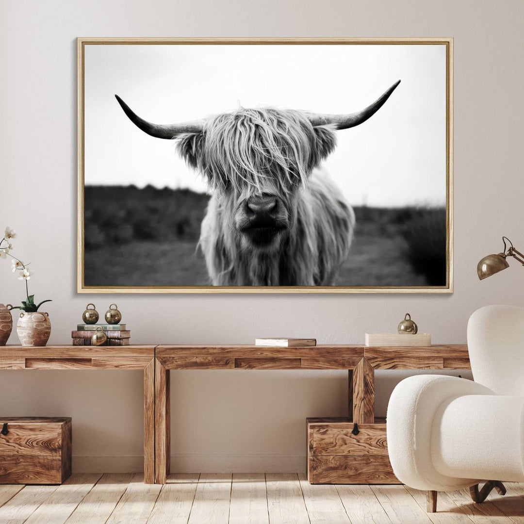 44157-MGV-FC-36X24_Natural-Highland Cow Wall Art | Black and White Farmhouse Decor | Triptych Canvas Print | Rustic Barn Decor | Scottish Highland Cattle Art Print