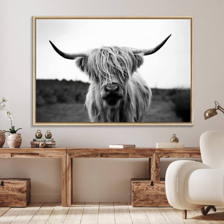 44157-MGV-FC-36X24_Natural-Highland Cow Wall Art | Black and White Farmhouse Decor | Triptych Canvas Print | Rustic Barn Decor | Scottish Highland Cattle Art Print