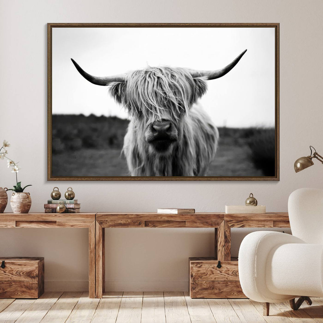 44157-MGV-FC-36X24_Walnut-Highland Cow Wall Art | Black and White Farmhouse Decor | Triptych Canvas Print | Rustic Barn Decor | Scottish Highland Cattle Art Print
