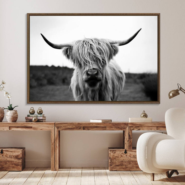 44157-MGV-FC-36X24_Walnut-Highland Cow Wall Art | Black and White Farmhouse Decor | Triptych Canvas Print | Rustic Barn Decor | Scottish Highland Cattle Art Print