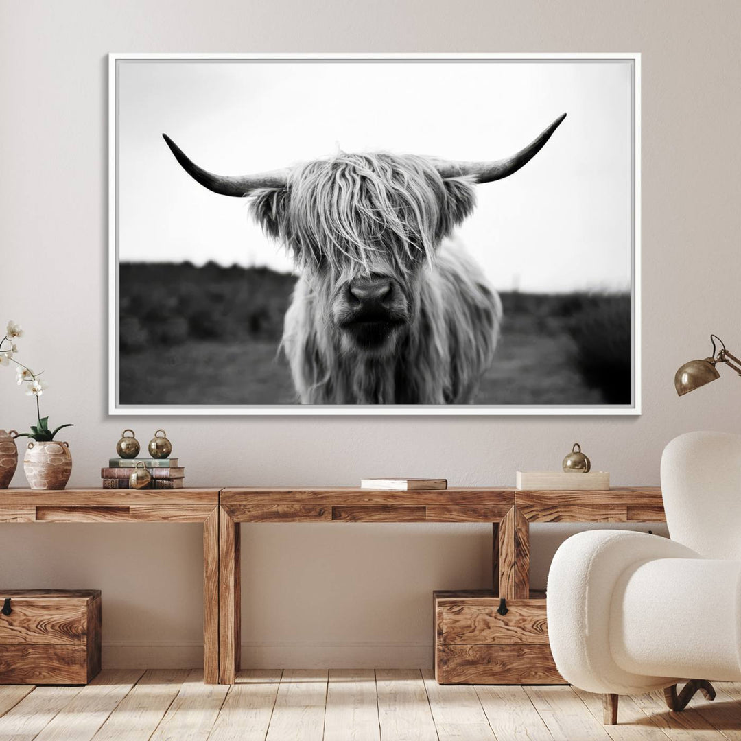 44157-MGV-FC-36X24_White-Highland Cow Wall Art | Black and White Farmhouse Decor | Triptych Canvas Print | Rustic Barn Decor | Scottish Highland Cattle Art Print