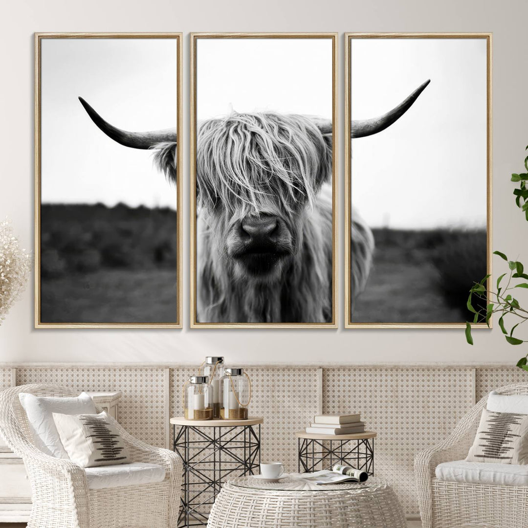 44157-MGV-FC-48X32-3P_Natural-Highland Cow Wall Art | Black and White Farmhouse Decor | Triptych Canvas Print | Rustic Barn Decor | Scottish Highland Cattle Art Print