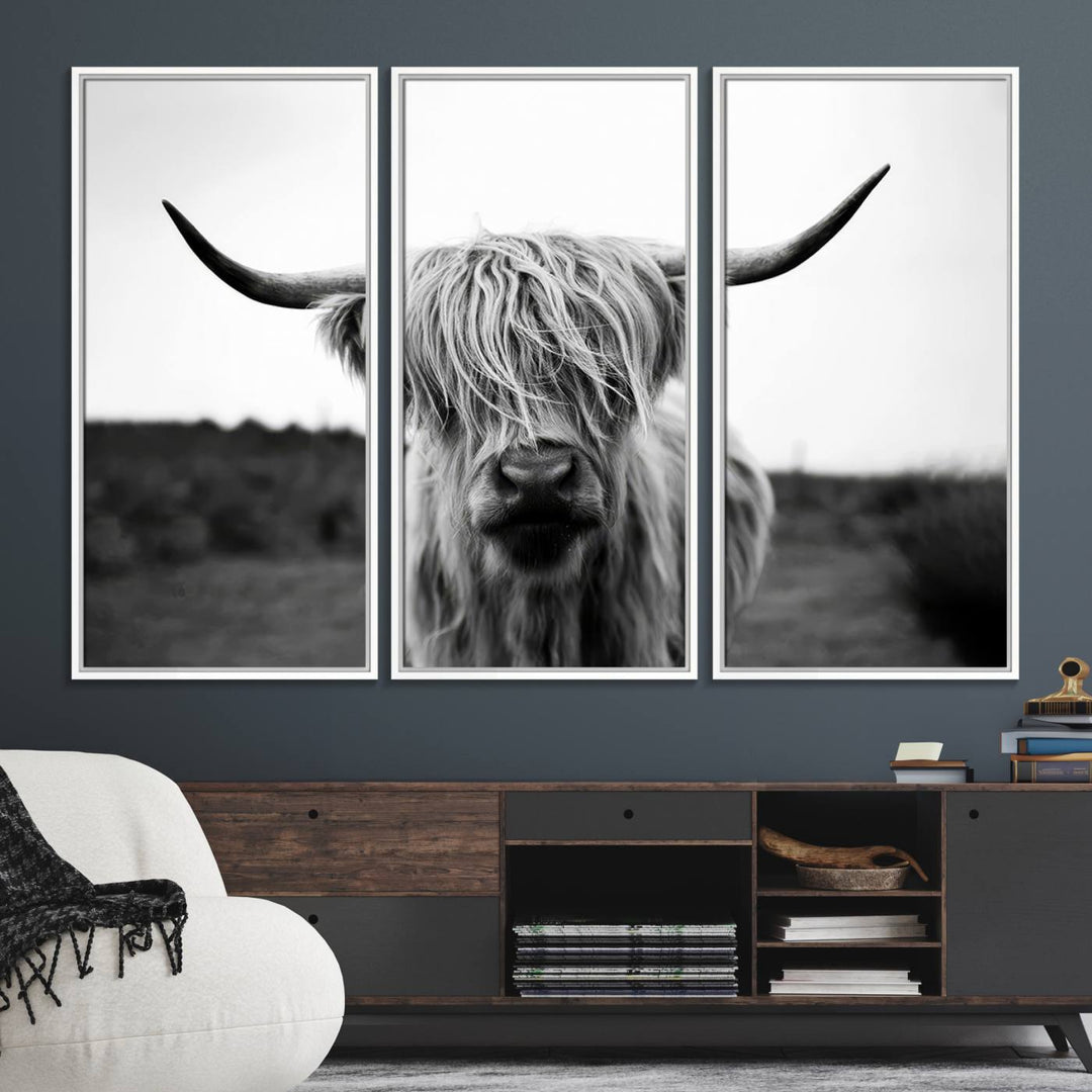 44157-MGV-FC-48X32-3P_White-Highland Cow Wall Art | Black and White Farmhouse Decor | Triptych Canvas Print | Rustic Barn Decor | Scottish Highland Cattle Art Print