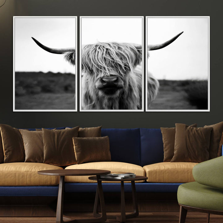 44157-MGV-FC-60X30-3P_White-Highland Cow Wall Art | Black and White Farmhouse Decor | Triptych Canvas Print | Rustic Barn Decor | Scottish Highland Cattle Art Print