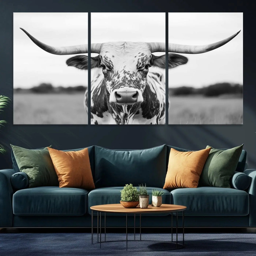 The Highland Cow Wall Art - Black & White Longhorn Canvas Print elevates farmhouse decor with its striking presence.